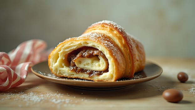 Delicious chocolate croissant sprinkled with powdered sugar sitting on a plate ready to eat photo