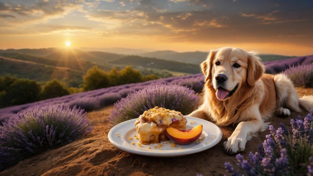 Golden retriever dog with food on plate in lavender field at sunset photo