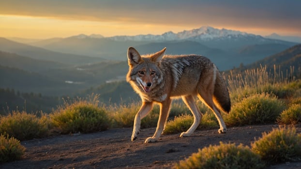 Coyote walking through a mountainous landscape at sunset, showcasing nature's beauty and wildlife photo