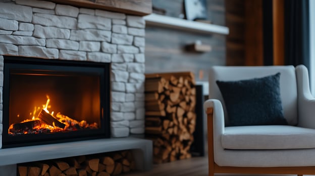 Cozy fireplace armchair wood logs winter cabin interior relaxation photo