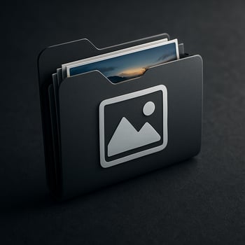 Black folder with white photo icon of mountains and sun in minimalist monochrome style