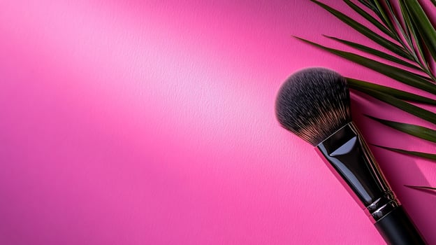 Pink background makeup brush palm leaf beauty flatlay photo