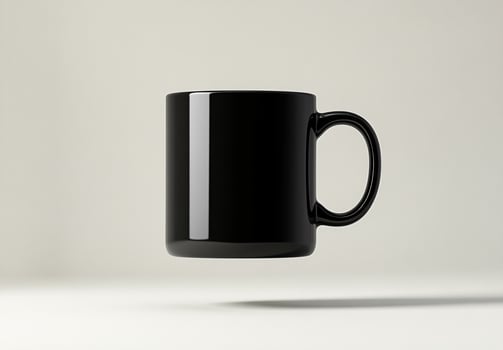 A sleek, black ceramic mug levitating against a light background, creating a modern and minimalist aesthetic. photo
