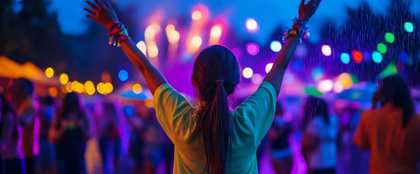 Woman at outdoor concert fireworks rain photo