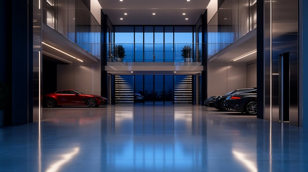 Luxury cars parked in modern home garage at night photo