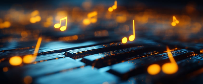 Glowing notes above dark piano keys music background photo