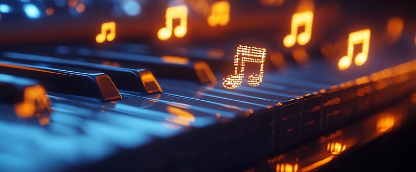 Glowing music note above piano keys dark background photo