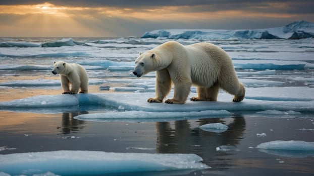 Polar bears standing on ice floes in a serene Arctic landscape during sunset, showcasing wildlife photo