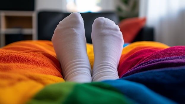 Rainbow blanket feet socks home relaxation cozy comfort morning photo