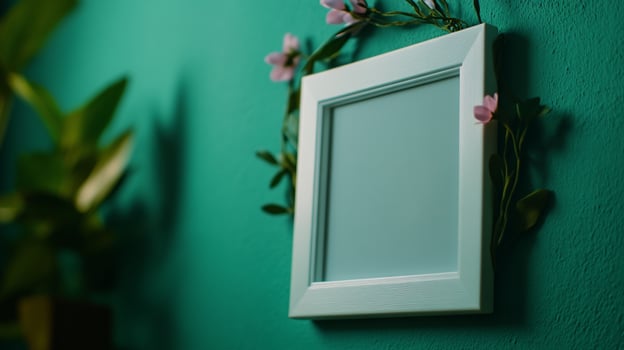 Blank frame teal wall floral decor plant mockup photo