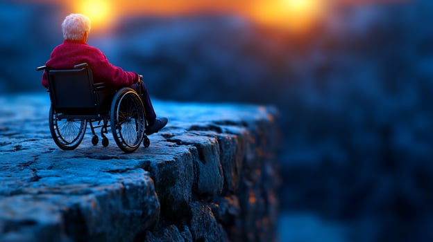 Elderly woman wheelchair sunset cliff ocean solitude photo