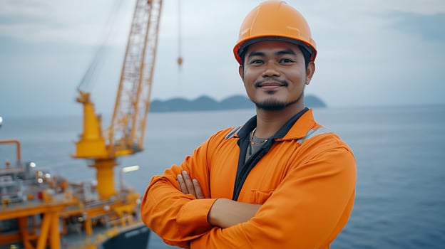 Offshore worker smiling arms crossed oil rig background photo