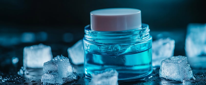 Cooling Blue Gel Jar on Ice Dark Background photo