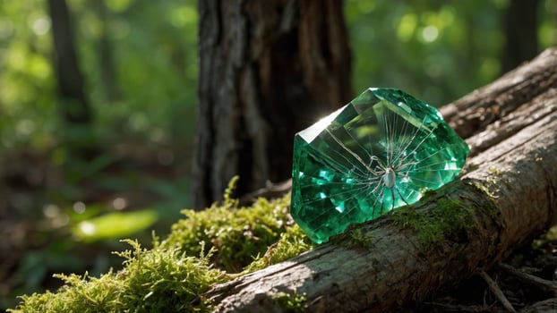 A green glass piece sitting on top of a tree photo