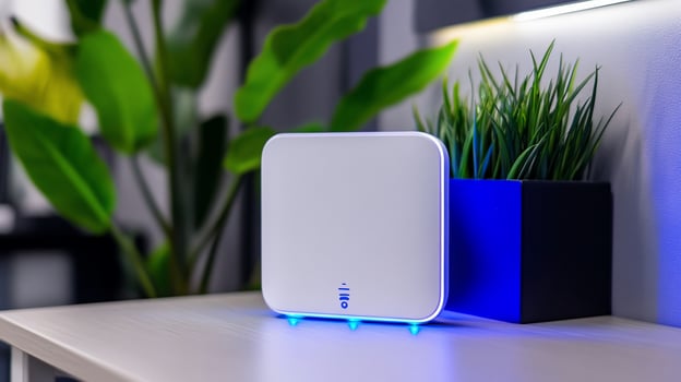 Smart home device on shelf blue light plants photo