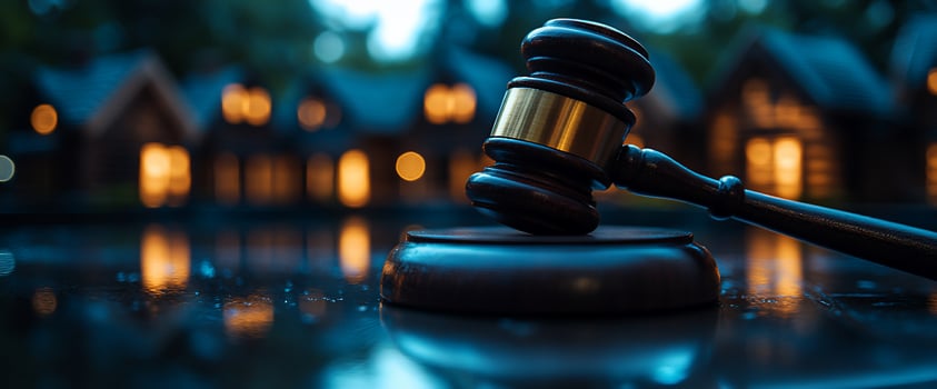 Gavel rests on block houses blurred background auction concept photo