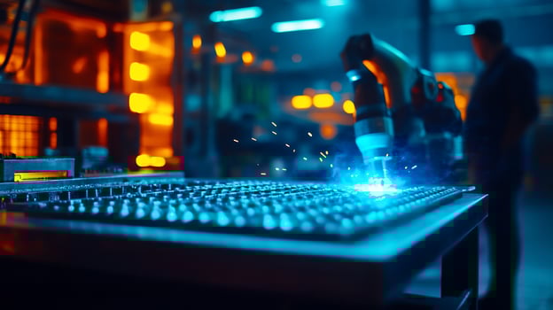 Robotic welding factory worker sparks metal photo