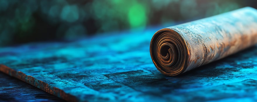 Rolled canvas on blue textured surface dark background art supplies photo