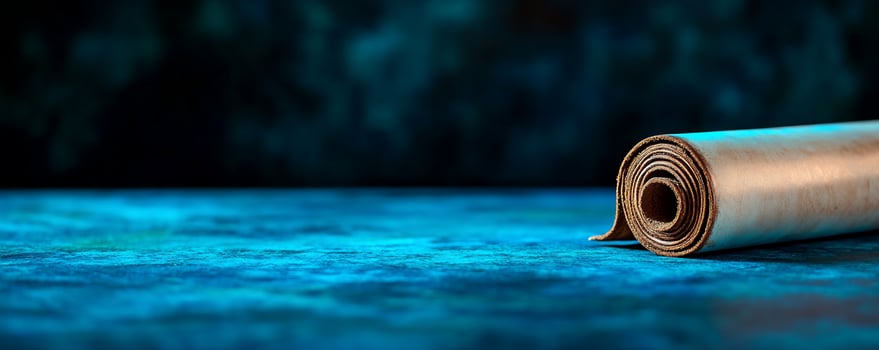 Rolled parchment on blue surface dark background history concept photo