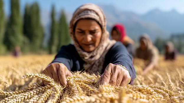 Woman harvesting wheat rural field mountains background food production photo