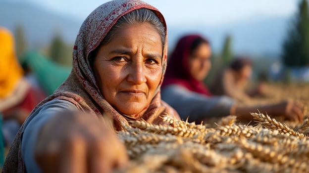 Woman Harvesting Wheat Rural Field Golden Hour India photo