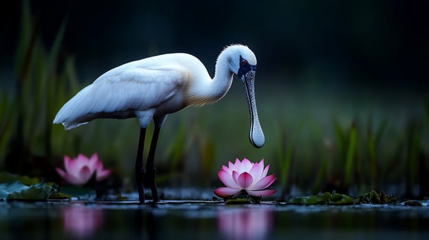Eurasian Spoonbill feeding wetland dawn pink lotus photo