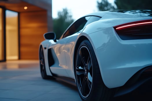 Luxury sports car parked modern home sunset photo