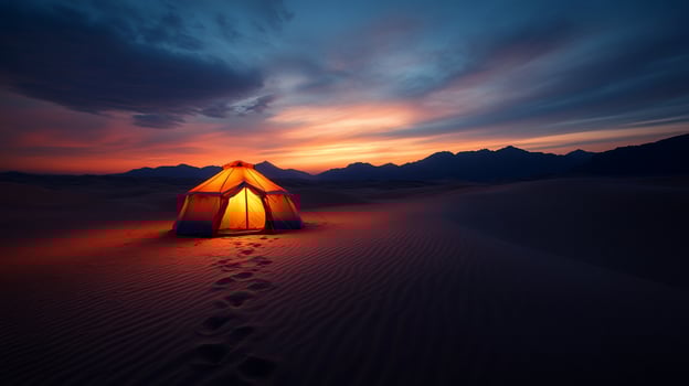 Desert sunset camp illuminated tent footprints mountains photo