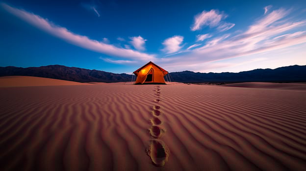 Desert campsite sunset footprints lead to illuminated tent photo