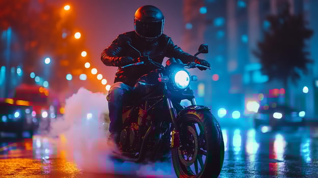 Night Rider City streets motorcycle smoke rain neon lights photo