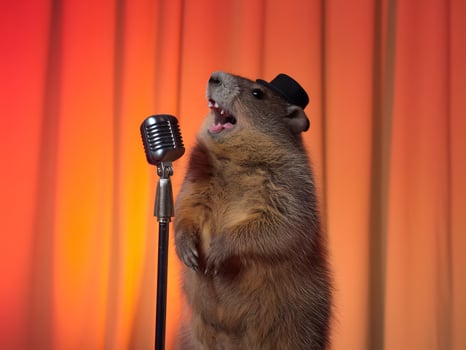 A funny groundhog wearing a black hat performs on stage with a microphone. photo