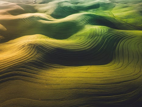 Aerial view of rolling green hills, showcasing the vibrant landscape under soft sunlight. photo