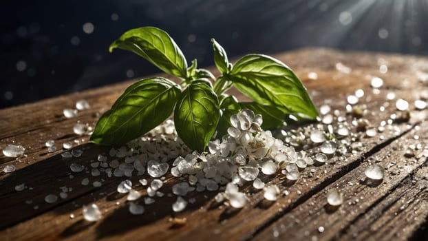 Fresh basil leaves with coarse salt on a rustic wooden surface, illuminated by soft natural light photo