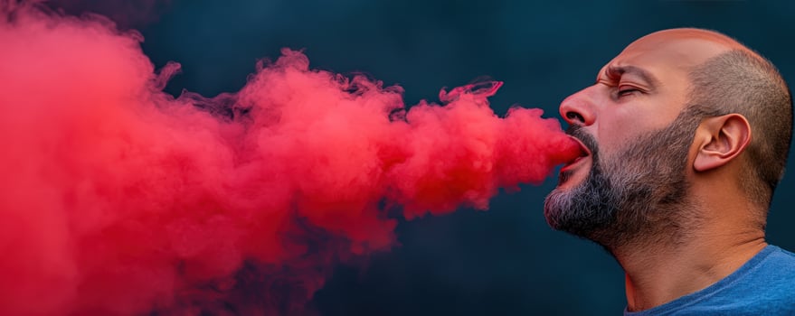 Man exhales red smoke outdoors dark background photo