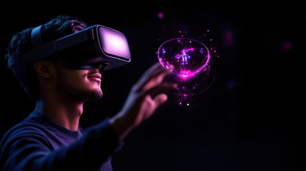Man uses VR headset interacting with holographic globe dark background photo