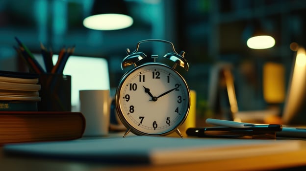 Late-night study alarm clock desk books office photo