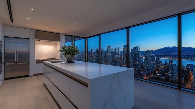 Modern kitchen city view twilight luxury condo photo
