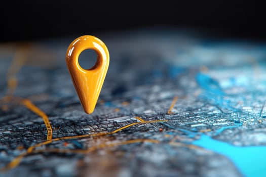 Yellow map pin hovering city map navigation photo