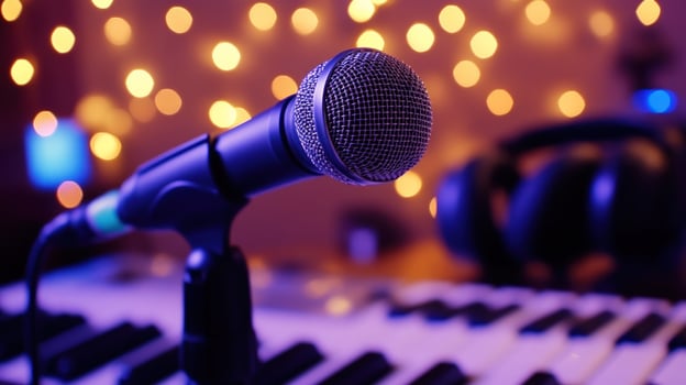 Studio microphone on keyboard lights blurred photo