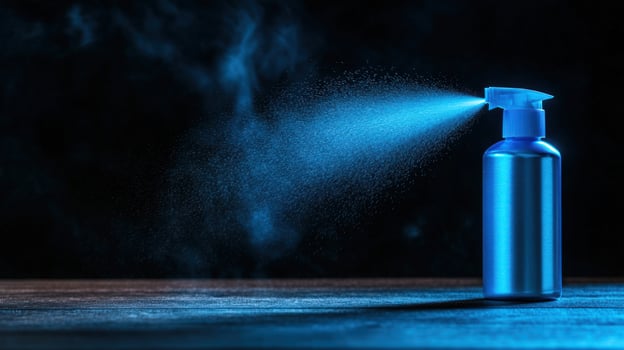 Blue spray bottle misting dark wood smoky background product shot photo