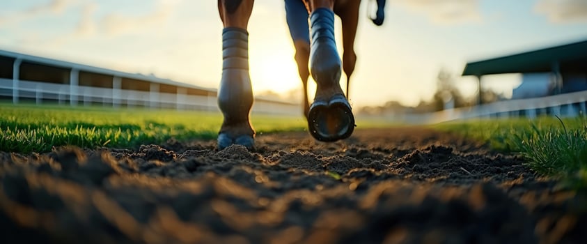 Horse's hooves on track sunset stables background photo