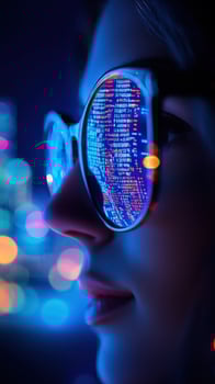 Woman coding city night reflection glasses future tech photo