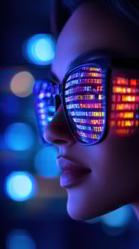 Woman LED glasses nightclub bokeh futuristic fashion photo