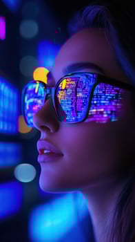 Woman coding night city reflection glasses screens photo