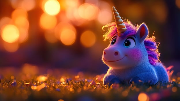 Cute unicorn resting in grassy field sunset bokeh photo