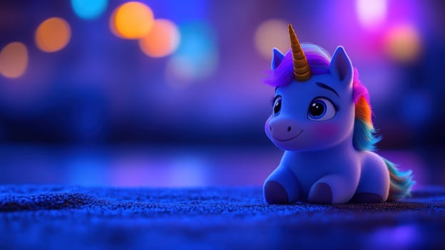 Cute unicorn toy sits night bokeh background photo