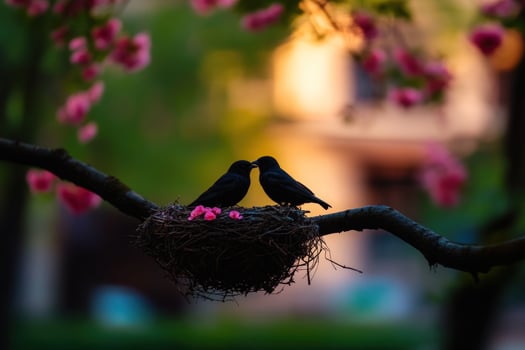 Birds Kissing Nest Spring Blossom Garden photo