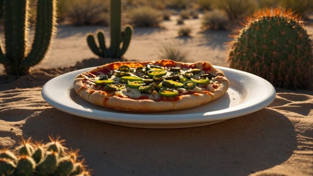 A pizza on a plate in the desert with cactus photo