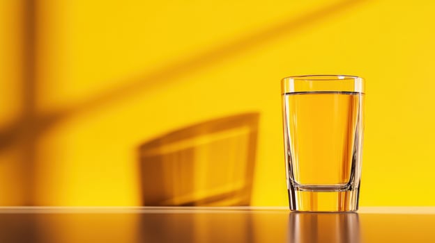 Yellowlit shot glass of liquor on table photo