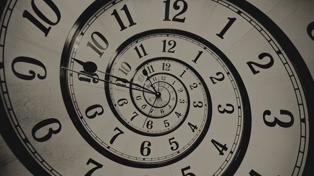A close up of a spiral clock face, showcasing the intricate design of numbers and clock hands in motion. photo